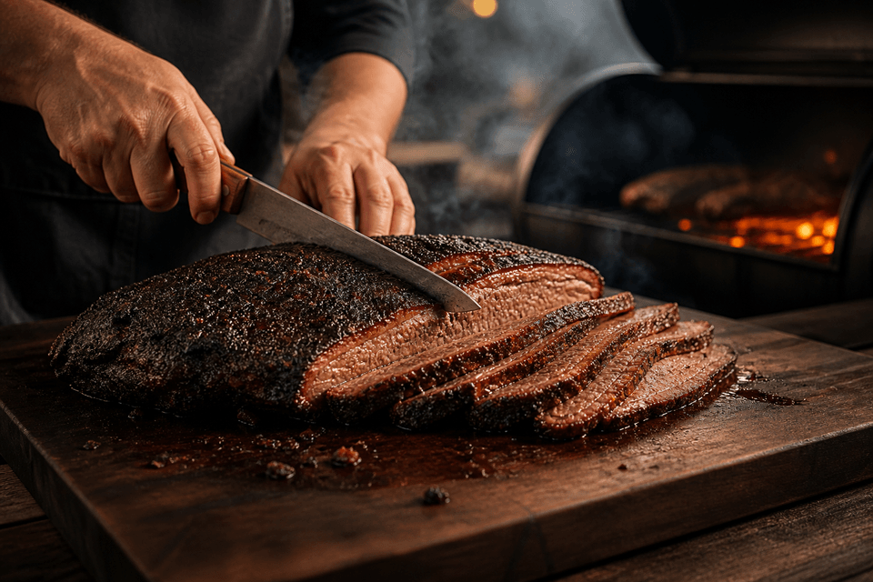 Pomalu grilovaný a krájený brisket