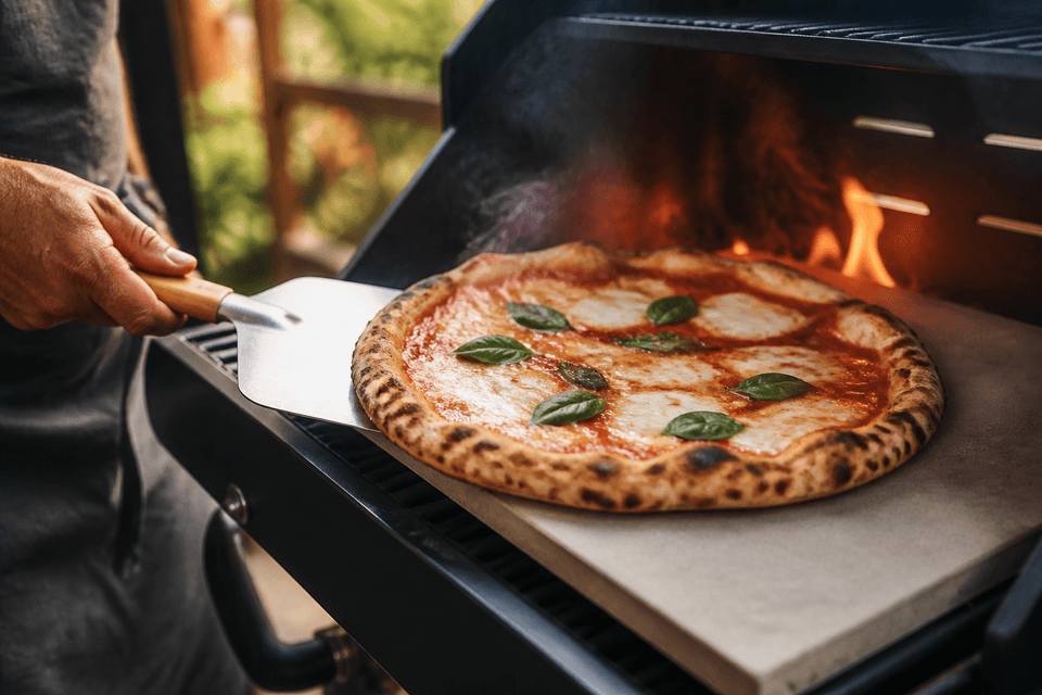 Pizza připravovaná na rozpáleném grilu