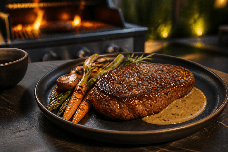 Grilovaný steak s pepřovou omáčkou a zeleninou