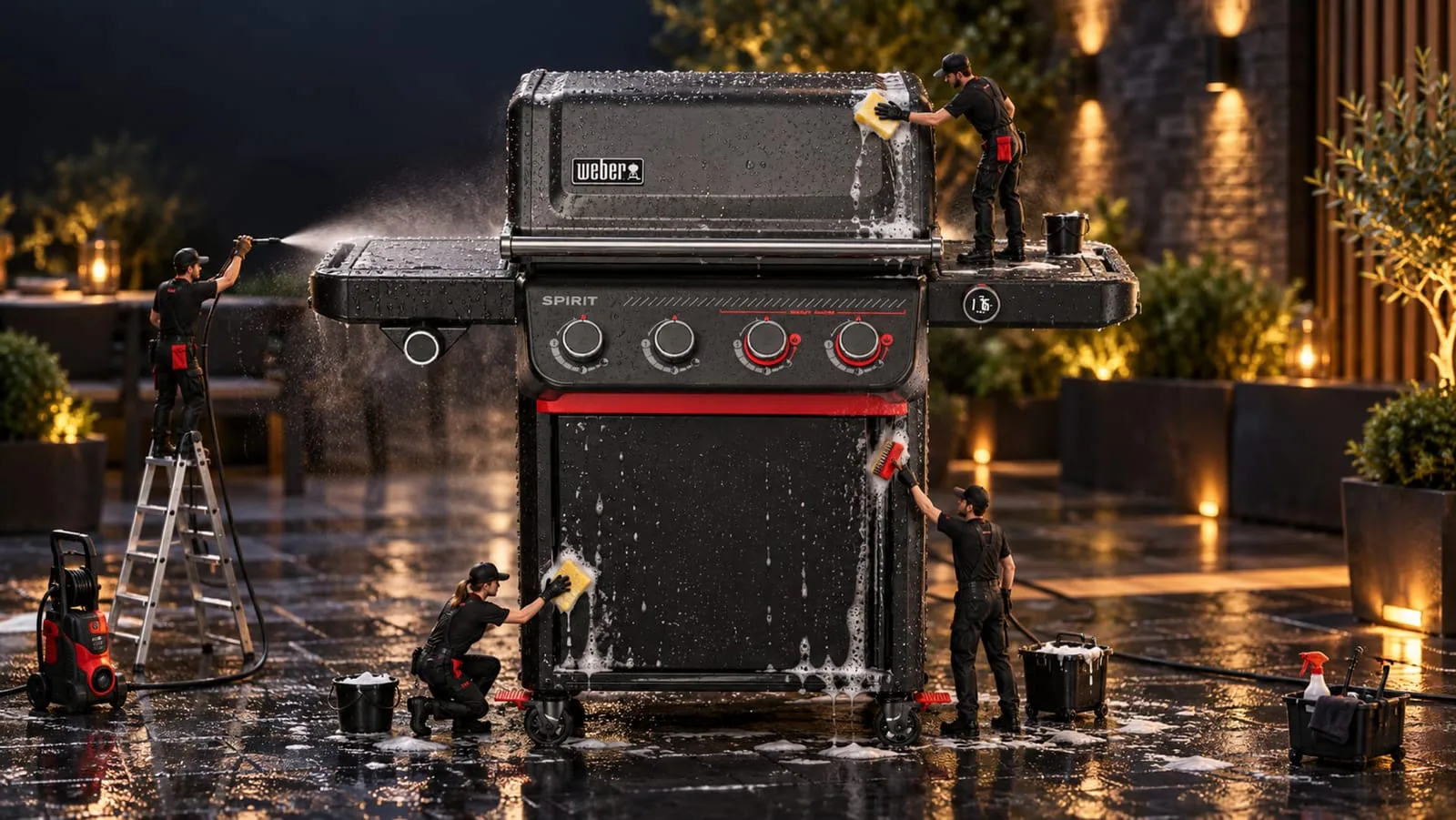 Tým Grilcentra při kompletním čištění plynového grilu Weber Spirit