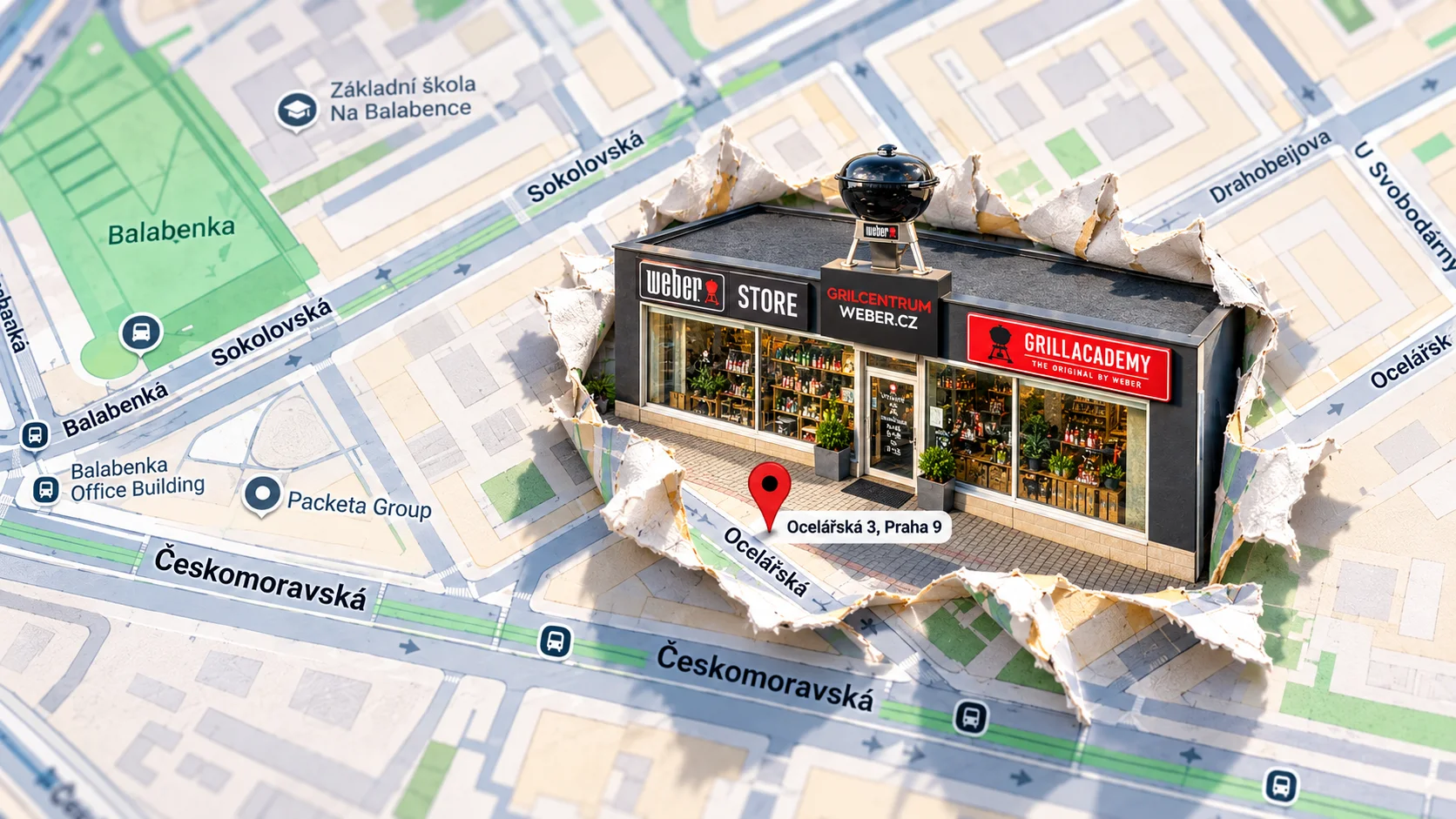 Mapa okolí Harfy, z níž na Ocelářské 3 vystupuje prodejna GRILCENTRUM Weber Store Harfa — Ocelářská 3, Praha 9
