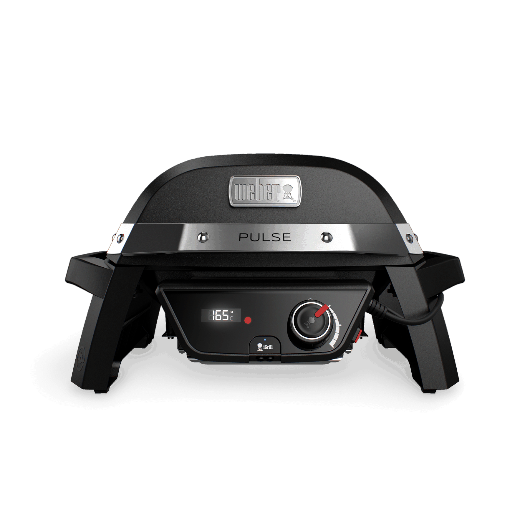 Elektrický Weber Pulse 1000 zepředu s digitálním displejem a otočným regulátorem