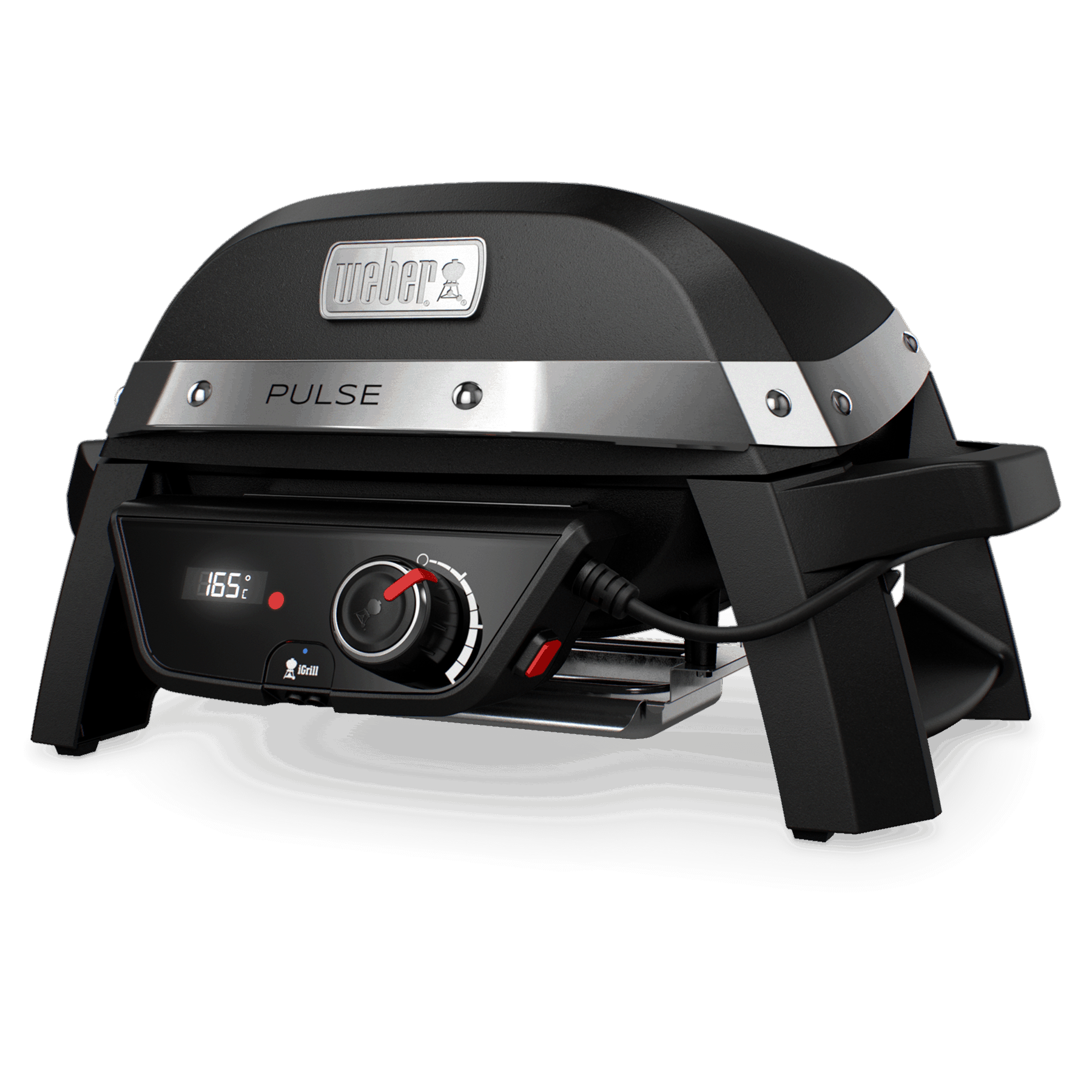 Detail čelního ovládání Weber Pulse 1000 s digitálním displejem a konektorem iGrill